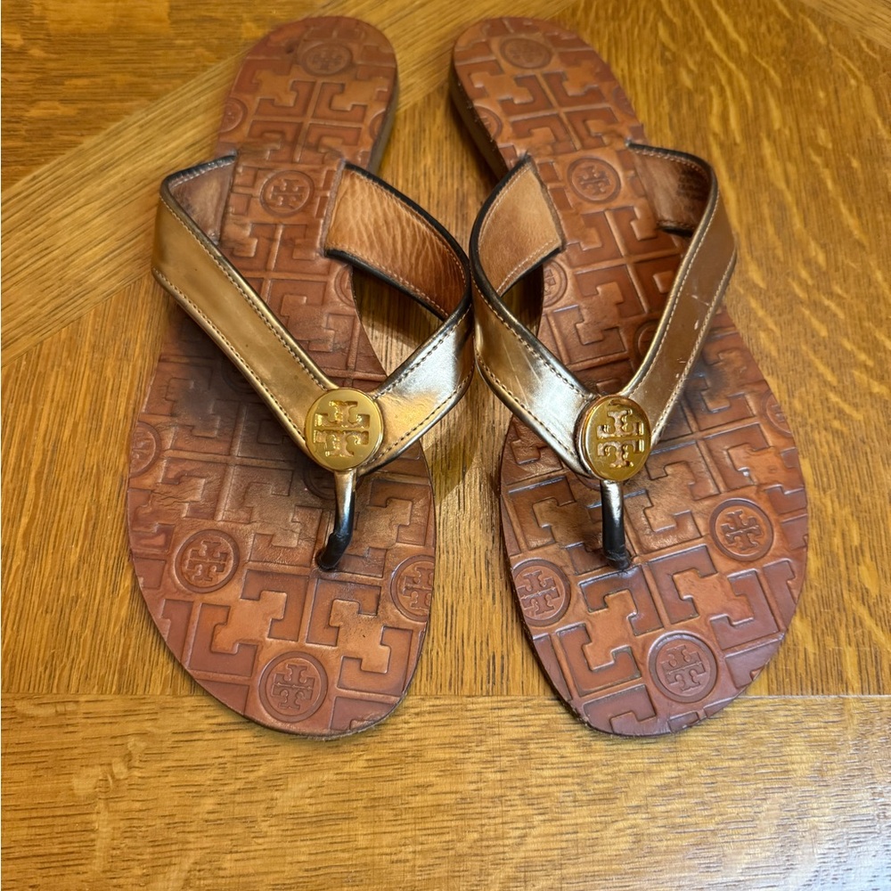 Tory Burch Metallic Gold and Brown Flip Flops